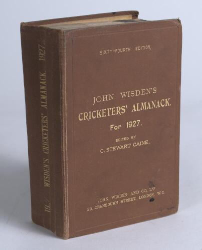 Wisden Cricketers&rsquo; Almanack 1927. 64th edition. Original hardback. Ink spot to front board and top of page block, wear to boards and spine and extremities, worn internal hinges, creasing to spine paper, some bumping to corners otherwise in good condition