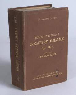 Wisden Cricketers&rsquo; Almanack 1927. 64th edition. Original hardback. Ink spot to front board and top of page block, wear to boards and spine and extremities, worn internal hinges, creasing to spine paper, some bumping to corners otherwise in good condition