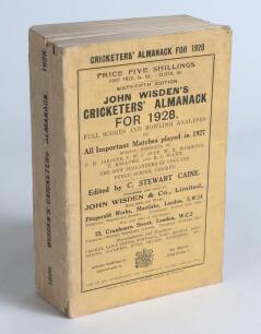 Wisden Cricketers&rsquo; Almanack 1928. 65th edition. Original paper wrappers. Very minor chipping and loss to head and base of spine paper, very slight soiling to wrappers and spine otherwise in very good condition