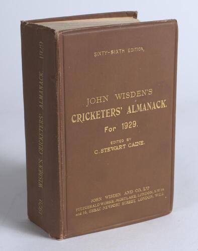 Wisden Cricketers&rsquo; Almanack 1929. 66th edition. Original hardback. Some breaking to the front internal hinge, minor wear to spine paper otherwise in good/ very good condition with bright gilt titles