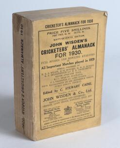 Wisden Cricketers&rsquo; Almanack 1930. 67th edition. Original paper wrappers. Minor stain to the head of the spine paper, slight soiling to the wrappers and spine otherwise in generally good/very good condition