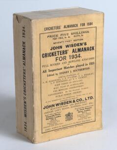 Wisden Cricketers&rsquo; Almanack 1934. 71st edition. Original paper wrappers. Minor loss to the head of the spine paper, odd very minor faults otherwise in good/very good condition