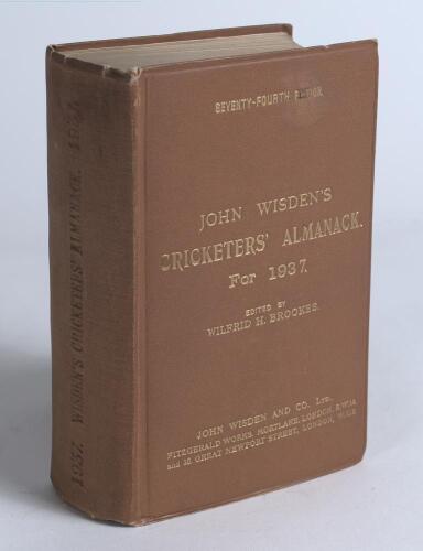 Wisden Cricketers&rsquo; Almanack 1937. 74th edition. Original hardback. Dulling to the gilt titles on spine paper, ink name of opwnership to top border of the yellow front end paper, internally in very good condition