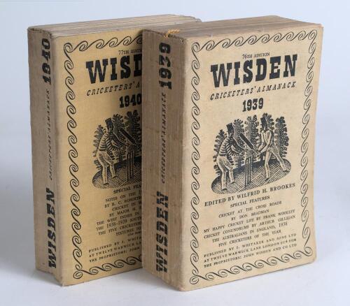 Wisden Cricketers&rsquo; Almanack 1939 and 1940. 76th & 77th editions. Original cloth covers. The 1939 edition with some discolouration to covers and minor wear and the 1940 edition with bowing to spine and slight breaking to page block otherwise in good condit