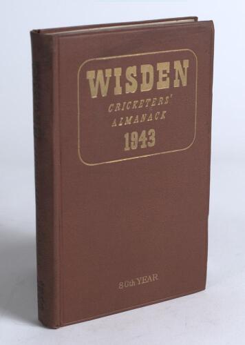 Wisden Cricketers&rsquo; Almanack 1943. 80th edition. Original hardback. Only 1400 hardback copies were printed in this war year. Dulled gilt titles to the spine paper otherwise in very good condition. A rare wartime edition