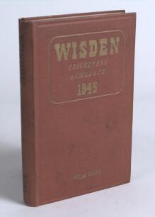 Wisden Cricketers&rsquo; Almanack 1945. 82nd edition. Original hardback. Only 1500 hardback copies were printed in this war year. Dulled gilt titles to the spine paper, some dulling to the gilt titles on the front board otherwise in good/very good condition. A 