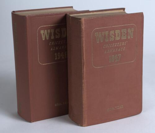 Wisden Cricketers&rsquo; Almanack 1947 and 1948. Original hardback editions. The 1947 edition with browning to internal pages, broken internal hinges to front and rear, old tape repairs to both, wear to boards and dulled gilt titles to spine. The 1948 edition i