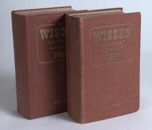 Wisden Cricketers&rsquo; Almanack 1947 and 1948. Original hardback editions. The 1947 edition with browning to internal pages, broken internal hinges to front and rear, old tape repairs to both, wear to boards and dulled gilt titles to spine. The 1948 edition i