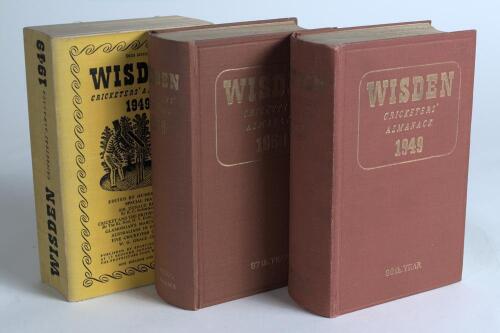 Wisden Cricketers&rsquo; Almanack 1949 and 1950. Original hardback editions. The 1949 edition with dulled gilt titles to spine otherwise both books in good/very good condition. Sold with a 1949 softback edition which has slight bowing to spine otherwise in good