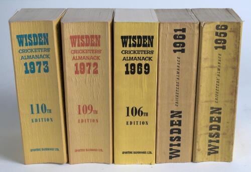 Wisden Cricketers&rsquo; Almanack 1956, 1961, 1969, 1972 and 1973. Original cloth covered editions. Some odd faults and minor bowing to the spine of the 1956 edition, some bowing to the spines of the 1972 and 1973 edition, the other two editions in good/very go