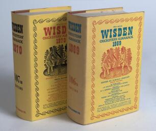 Wisden Cricketers&rsquo; Almanack 1969 and 1970. Original hardback editions with dustwrapper. Some age toning and minor wear to the spine of the dustwrapper of the 1969 edition, the 1970 edition in very good condition. Qty 2
