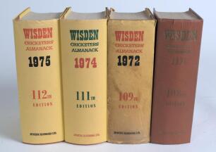 Wisden Cricketers&rsquo; Almanack 1971, 1972, 1974 and 1975. Original hardback with dustwrapper, with the exception of the 1971 edition. The 1971 edition with dulling to gilt titles, some wear with nicks to head of the spine paper, the dustwrapper of the 1972 e