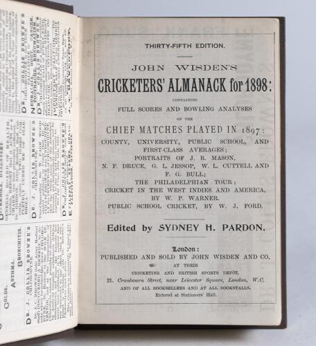Wisden Cricketers&rsquo; Almanack 1898 and 1900. 35th & 37th editions. Both books bound in dark brown boards with gilt titles to spine, the 1898 with gilt page block edge. The 1898 edition lacking wrappers and the trimming is a little tight by the binder, the 1