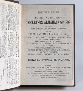Wisden Cricketers&rsquo; Almanack 1898 and 1900. 35th & 37th editions. Both books bound in dark brown boards with gilt titles to spine, the 1898 with gilt page block edge. The 1898 edition lacking wrappers and the trimming is a little tight by the binder, the 1