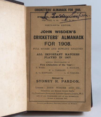 Wisden Cricketers&rsquo; Almanack 1908. 45th edition. Bound in dark brown/maroon boards, with original wrappers, with gilt titles to spine. Signature stamped to front wrapper, one inside page and stamped twice to rear wrapper. Good condition