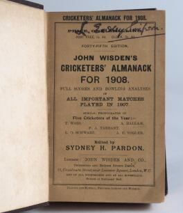 Wisden Cricketers&rsquo; Almanack 1908. 45th edition. Bound in dark brown/maroon boards, with original wrappers, with gilt titles to spine. Signature stamped to front wrapper, one inside page and stamped twice to rear wrapper. Good condition