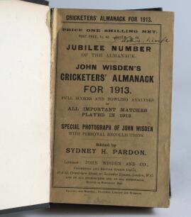 Wisden Cricketers&rsquo; Almanack 1913. 50th (Jubilee) edition. Bound in black boards, with original wrappers, with gilt titles to spine. Handwritten name of ownership to top border of the front wrapper, minor wear and nick to edge of front wrappers otherwise i