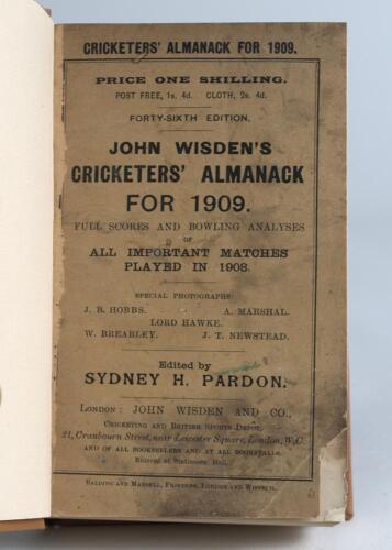 Wisden Cricketers&rsquo; Almanack 1909. 46th edition. Bound in light brown boards, with original wrappers, with gilt titles to spine. Wear, loss and staining to the bottom corner of the front wrapper, minor staining to the lower corners of the first two adverti