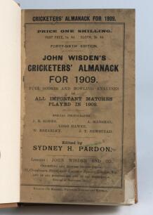 Wisden Cricketers&rsquo; Almanack 1909. 46th edition. Bound in light brown boards, with original wrappers, with gilt titles to spine. Wear, loss and staining to the bottom corner of the front wrapper, minor staining to the lower corners of the first two adverti