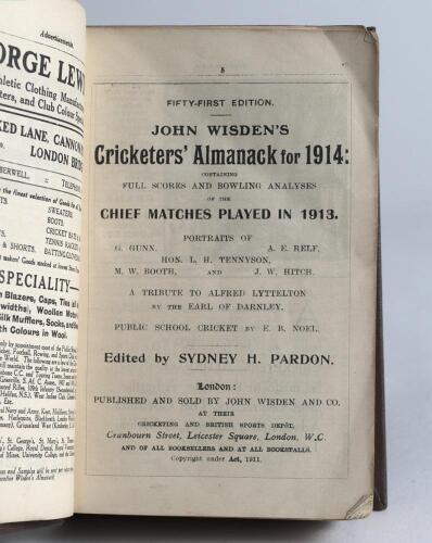 Wisden Cricketers&rsquo; Almanack 1914 and 1915. 51st & 52nd editions. Both bound in dark brown boards, the 1915 with original wrappers, the 1914 lacking front wrapper, with gilt titles to spine otherwise in good condition. The 1914 edition with some wear and a