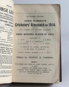 Wisden Cricketers&rsquo; Almanack 1914 and 1915. 51st & 52nd editions. Both bound in dark brown boards, the 1915 with original wrappers, the 1914 lacking front wrapper, with gilt titles to spine otherwise in good condition. The 1914 edition with some wear and a