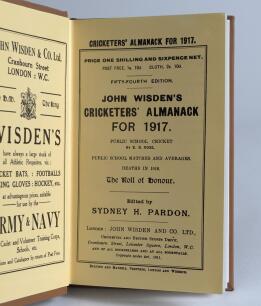 Wisden Cricketers&rsquo; Almanack 1917. Willows hardback reprint (1997) rebound in light brown boards, similar to Willows softback bindings, with gilt titles to front board and spine. No limited edition number available due to rebinding. Very good condition