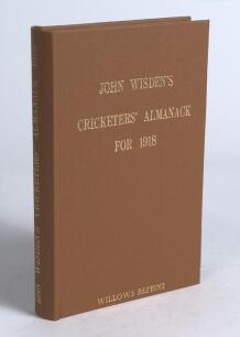 Wisden Cricketers&rsquo; Almanack 1918. Willows softback reprint (1997) in light brown hardback covers with gilt lettering. Limited edition 206/500. Very good condition
