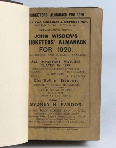 Wisden Cricketers&rsquo; Almanack 1920 and 1921. 57th & 58th editions. Bound in dark and light brown boards, with original wrappers, with gilt titles to spine. The 1920 with minor wear to the extremities of the rear wrapper, some soiling to the inside of the fr