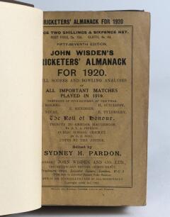 Wisden Cricketers&rsquo; Almanack 1920 and 1921. 57th & 58th editions. Bound in dark and light brown boards, with original wrappers, with gilt titles to spine. The 1920 with minor wear to the extremities of the rear wrapper, some soiling to the inside of the fr