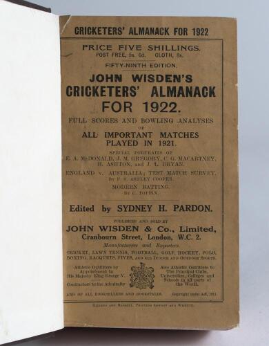 Wisden Cricketers&rsquo; Almanack 1922. 59th edition. Bound in dark brown boards, with original wrappers, with gilt titles to front board and spine, red speckled page edge. Generally good/very good condition