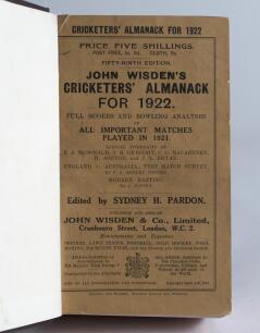 Wisden Cricketers&rsquo; Almanack 1922. 59th edition. Bound in dark brown boards, with original wrappers, with gilt titles to front board and spine, red speckled page edge. Generally good/very good condition