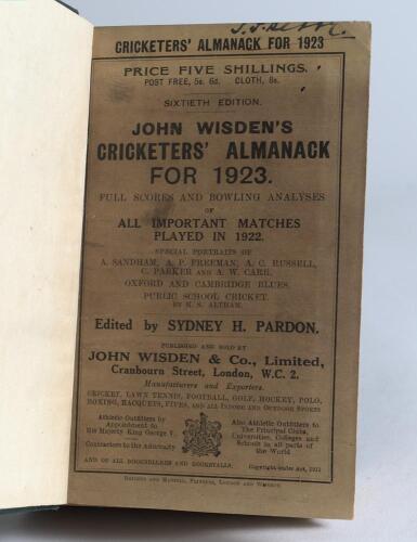 Wisden Cricketers&rsquo; Almanack 1923. 60th edition. Bound in green boards, with original wrappers, with gilt titles to spine. Soiling and staining to front wrapper, ink name of ownership to the top border of the front wrapper otherwise in good+ condition