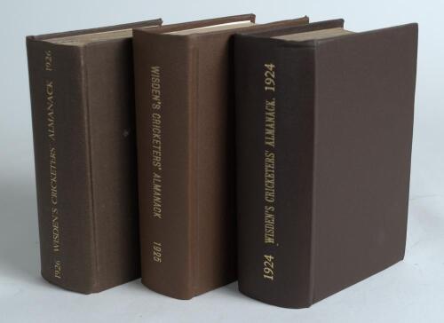 Wisden Cricketers&rsquo; Almanack 1924, 1925 and 1926. 61st, 62nd & 63rd editions. All three volumes bound in brown boards, with original wrappers, gilt titles to spine. The 1924 with darkened and worn wrapper, wear to extremities, the 1925 with mark to the fro