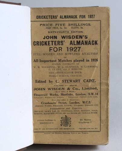 Wisden Cricketers&rsquo; Almanack 1927 and 1928. 64th & 65th editions. Both volumes bound in brown boards, with original wrappers, gilt titles to spine. The wrappers of the 1927 edition with some wear and age toning, the 1928 edition has some staining to the ve