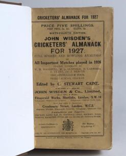 Wisden Cricketers&rsquo; Almanack 1927 and 1928. 64th & 65th editions. Both volumes bound in brown boards, with original wrappers, gilt titles to spine. The wrappers of the 1927 edition with some wear and age toning, the 1928 edition has some staining to the ve