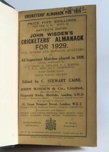 Wisden Cricketers&rsquo; Almanack 1929 and 1930. 66th & 67th editions. The volumes bound in green and brown boards, with original wrappers to the 1929 edition, gilt titles to spine. The 1929 edition has small handwritten name of ownership to the top border of t
