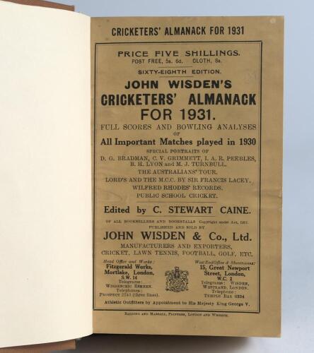 Wisden Cricketers&rsquo; Almanack 1931. 68th edition. Bound in light brown boards, with original wrappers, with gilt titles to front board and spine. Ink signature handwritten to top border of the first advertising page, slight wrinkling and wear to rear board,