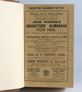 Wisden Cricketers&rsquo; Almanack 1931. 68th edition. Bound in light brown boards, with original wrappers, with gilt titles to front board and spine. Ink signature handwritten to top border of the first advertising page, slight wrinkling and wear to rear board,