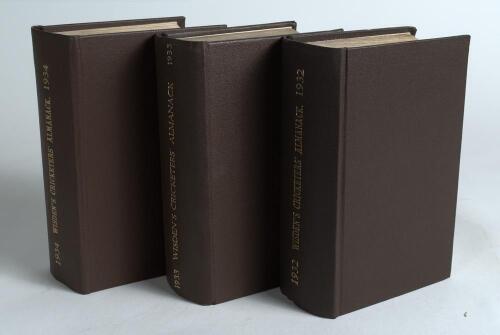 Wisden Cricketers&rsquo; Almanack 1932, 1933 and 1934. 69th, 70th & 71st editions. All three volumes bound in brown boards, with original wrappers, gilt titles to spine with the exception of the 1932 edition which is lacking its front wrapper. Some soiling and 