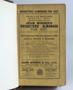 Wisden Cricketers&rsquo; Almanack 1937 and 1939. 74th & 76th editions. Both volumes bound in brown boards, with original wrappers/covers, gilt titles to spine. Both in good+ condition. Qty 2