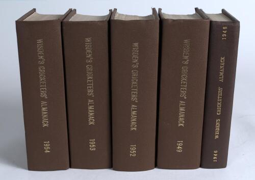 Wisden Cricketers&rsquo; Almanack 1946, 1949, 1952, 1953 and 1954. All five books bound in dark brown boards, with original covers, gilt titles to spine,The 1946 edition in good condition but has a Birthday greeting laid down to the inside front board on a labe