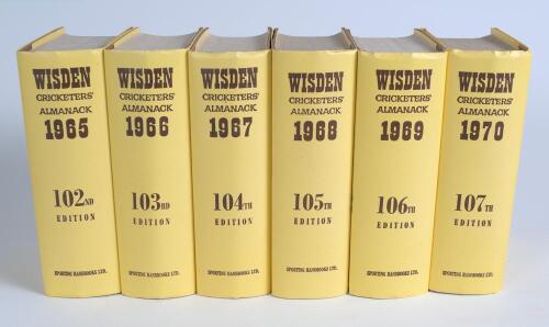 Wisden Cricketers&rsquo; Almanack 1965 to 1970. Original hardback editions all with replacement dustwrappers. Good condition. Qty 6