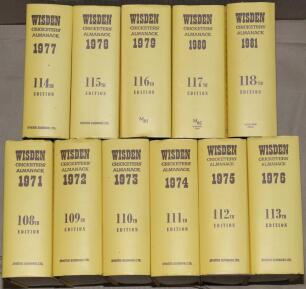 Wisden Cricketers&rsquo; Almanack 1971 to 2023. Original hardback editions. The editions from 1971 to 1993 all with replacement dustwrappers. The editions from 1994 to 2023 all with original dustwrappers. Sold with duplicate issues for 2002, 2003 (2), 2004 and 