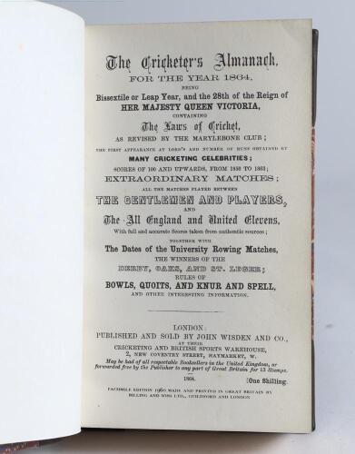 Wisden Cricketers&rsquo; Almanack 1864 to 1866. The first three facsimile &lsquo;Billings & Sons Ltd&rsquo; reprints published in 1960. Limited edition. Bound as one in brown and marbled half leather boards with raised bands and gilt titles to spine, lacking wrappers. &lsquo;Ken