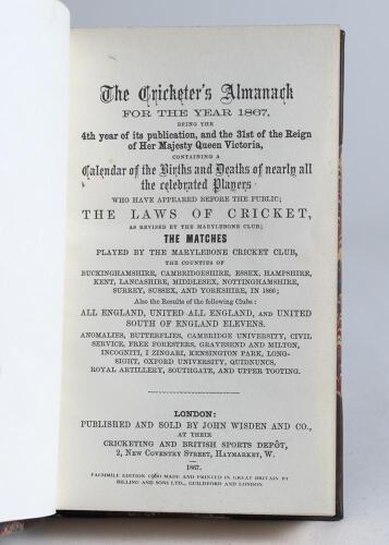 Wisden Cricketers&rsquo; Almanack 1867 to 1869. Three facsimile &lsquo;Billings & Sons Ltd&rsquo; reprints published in 1960. Limited edition. Bound as one in brown and marbled half leather boards with raised bands and gilt titles to spine, lacking wrappers. &lsquo;Kent County C