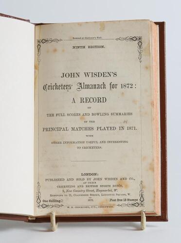 Wisden Cricketers&rsquo; Almanack 1872. 9th edition. Bound in brown boards, lacking original paper wrappers, with title and date in gilt to spine, red speckled page edges. Pages checked, complete. From the collection of &lsquo;Charles W.A. Oakeley&rsquo;. Handwritten annot