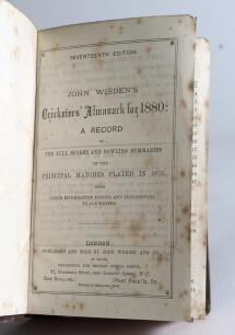 Wisden Cricketers&rsquo; Almanack 1880 to 1884. 17th-21st editions. Five editions bound as one in brown and marbled half leather boards, lacking original paper wrappers, with title and date in gilt to spine, red speckled page edges. Pages checked, lacking front