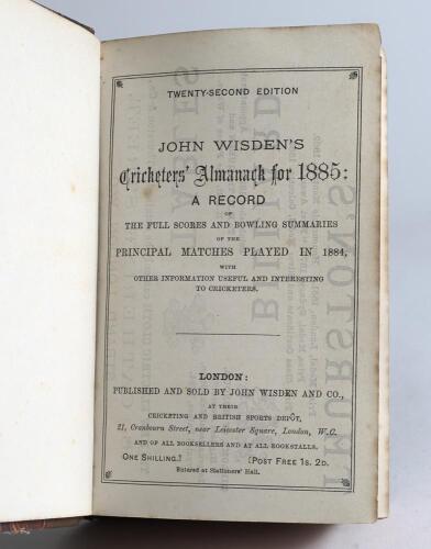 Wisden Cricketers&rsquo; Almanack 1885 to 1888. 22nd-25th editions. Four editions bound as one in brown and marbled half leather boards, lacking original paper wrappers, with title and date in gilt to spine, red speckled page edges. Pages checked, lacking front