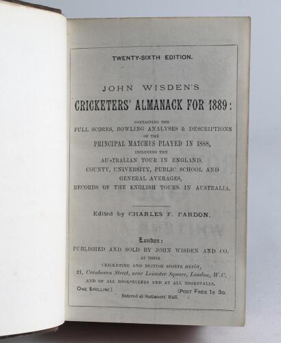 Wisden Cricketers&rsquo; Almanack 1889 to 1891. 26th-28th editions. Three editions bound as one in brown and marbled half leather boards, lacking original paper wrappers, with title and date in gilt to spine, red speckled page edges. Pages checked, lacking fron