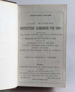 Wisden Cricketers&rsquo; Almanack 1889 to 1891. 26th-28th editions. Three editions bound as one in brown and marbled half leather boards, lacking original paper wrappers, with title and date in gilt to spine, red speckled page edges. Pages checked, lacking fron